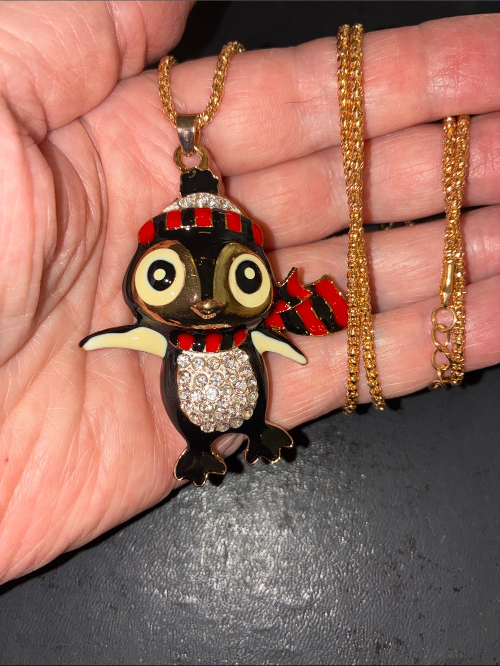 Gold-Tone Black & Red Penguin Pendant Necklace
